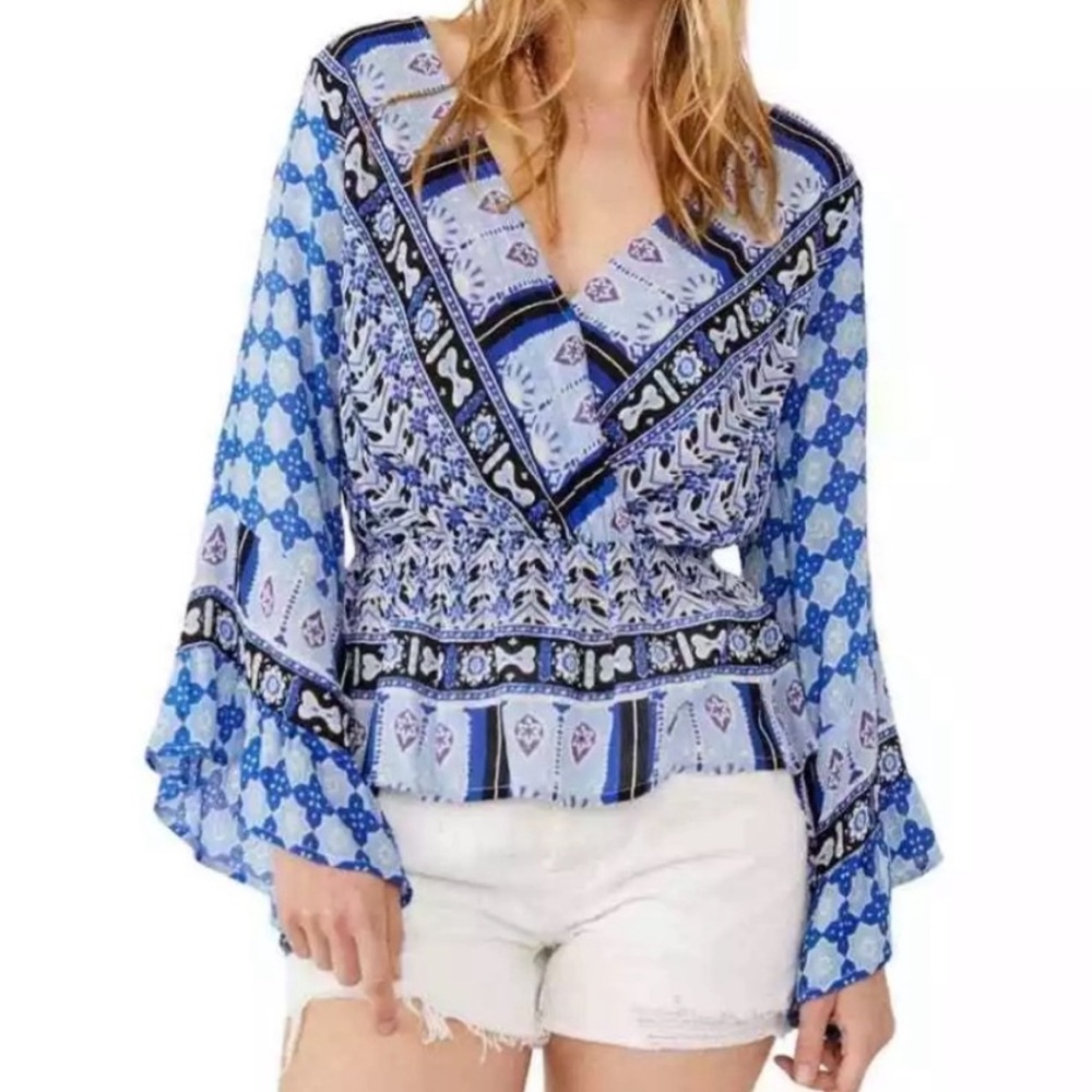 Free People Blue Geometric Blouse